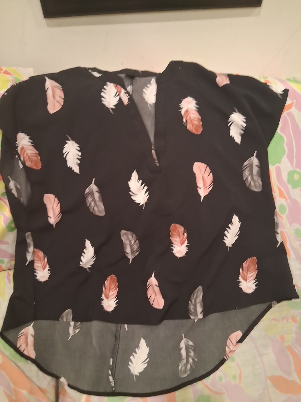 SHEIN Curve Black Blouse with Pink & White Feather Print